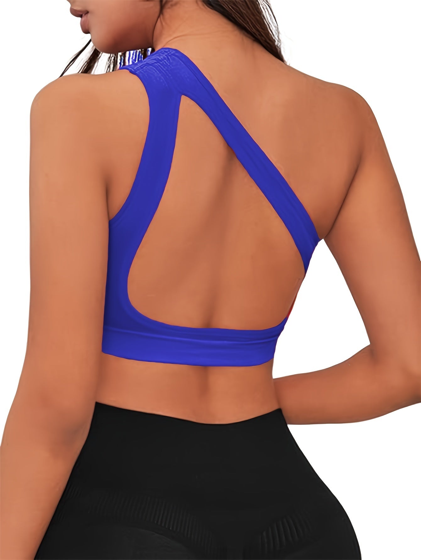One Shoulder Beauty Back Yoga Running Sports Bra - Removable Padded, Medium Support, Medium Stretch, Hollow Out Design, Hand Washable, Pullover Style - Womens Activewear for Fitness and Exercise