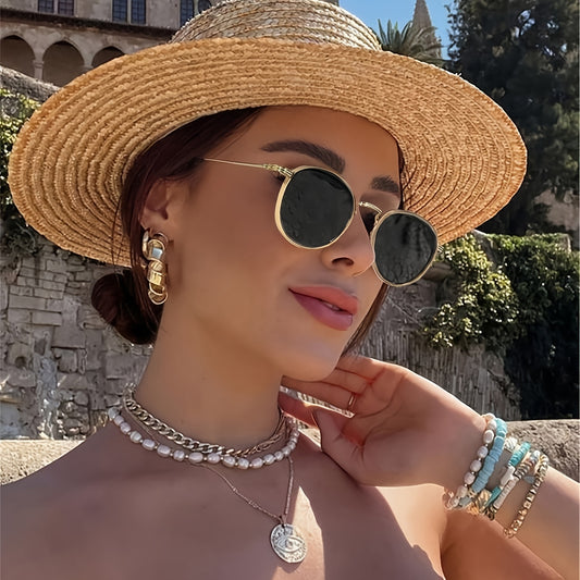 Retro Round Frame Fashion Glasses, Unisex Metal Hinge, PC Lens, Hiking Sports, Decorative Eyewear for Men and Women