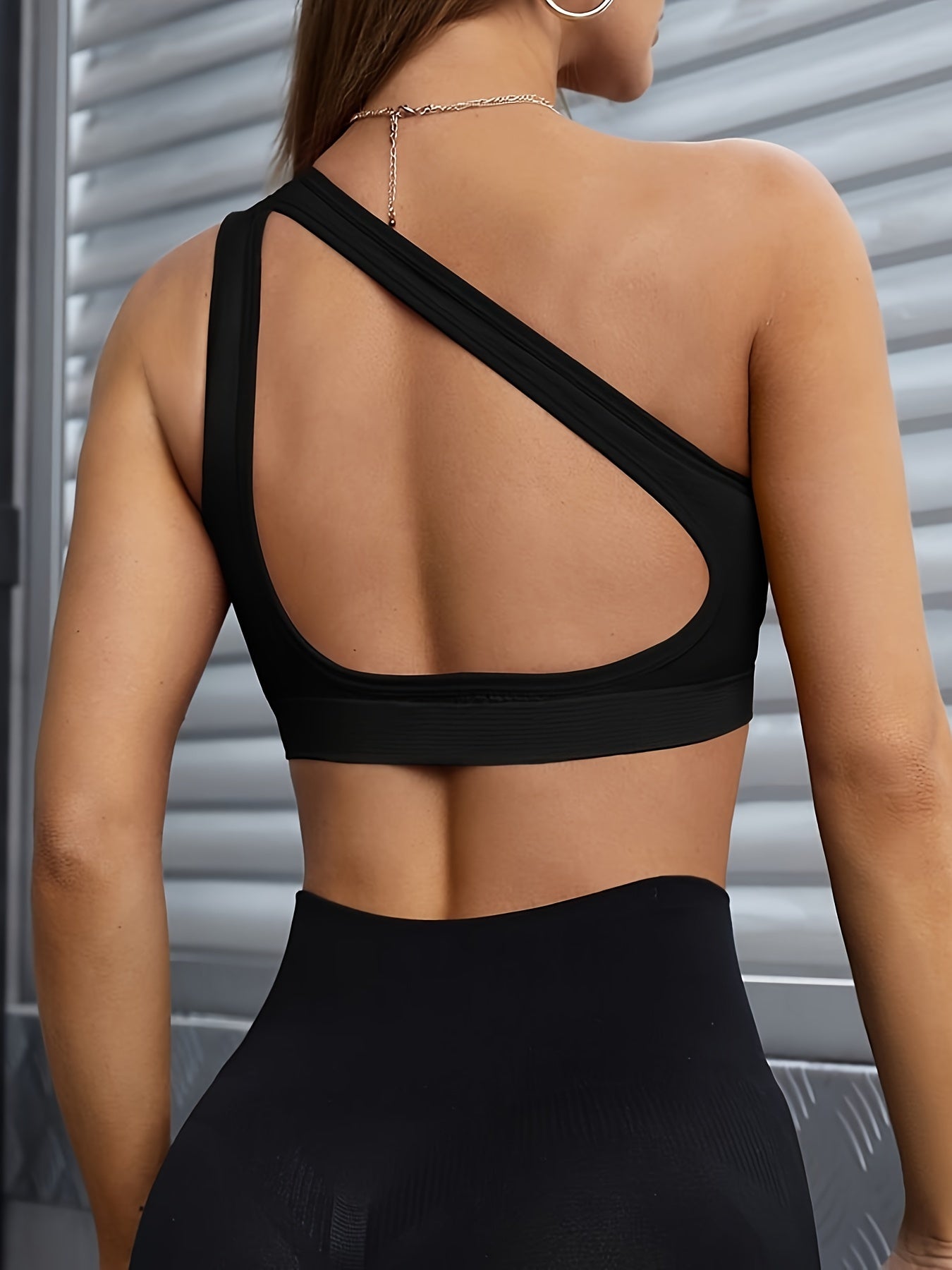 One Shoulder Beauty Back Yoga Running Sports Bra - Removable Padded, Medium Support, Medium Stretch, Hollow Out Design, Hand Washable, Pullover Style - Womens Activewear for Fitness and Exercise